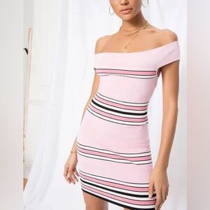 REVOLVE by the way. Harmony Off Shoulder Stripe Mini Dress Barbie Pink